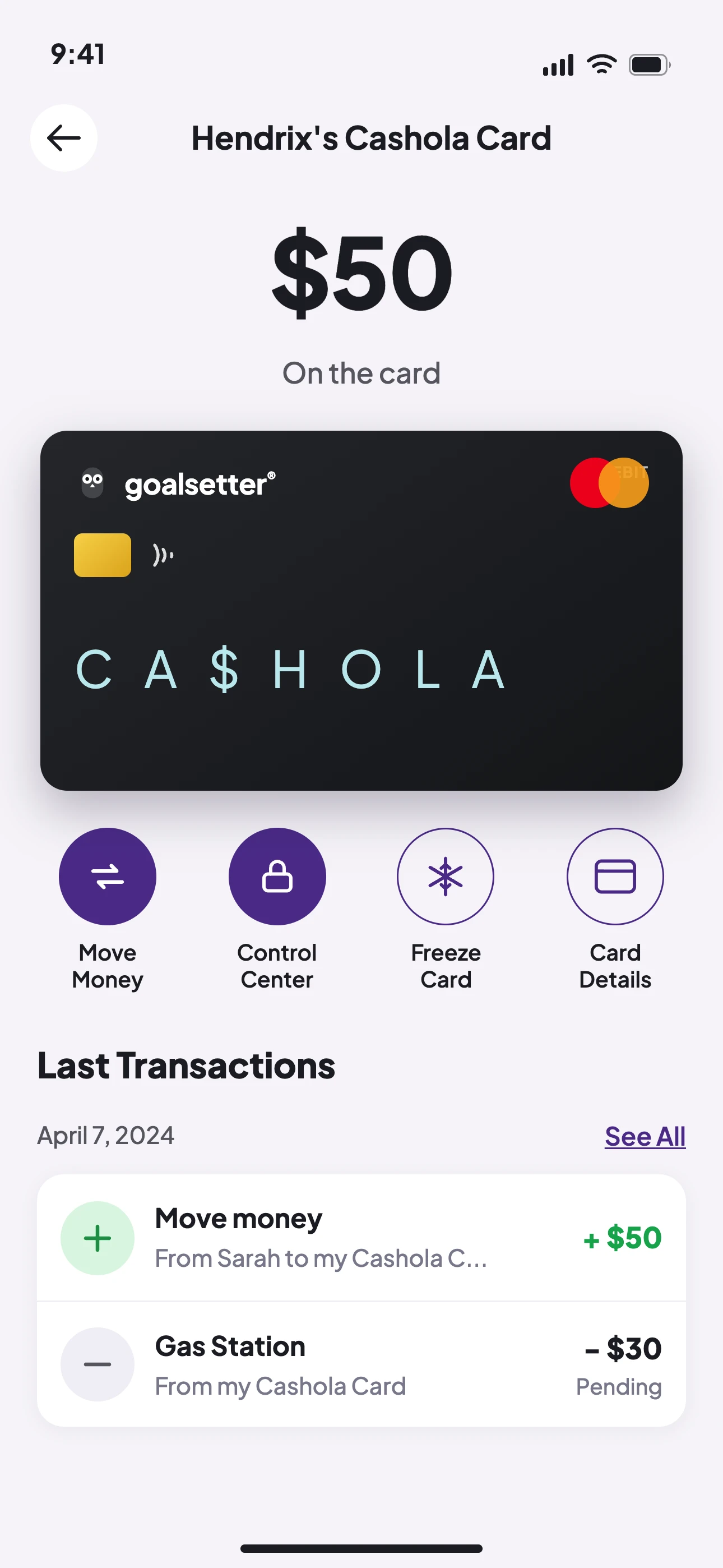Goalsetter Cashola debit card