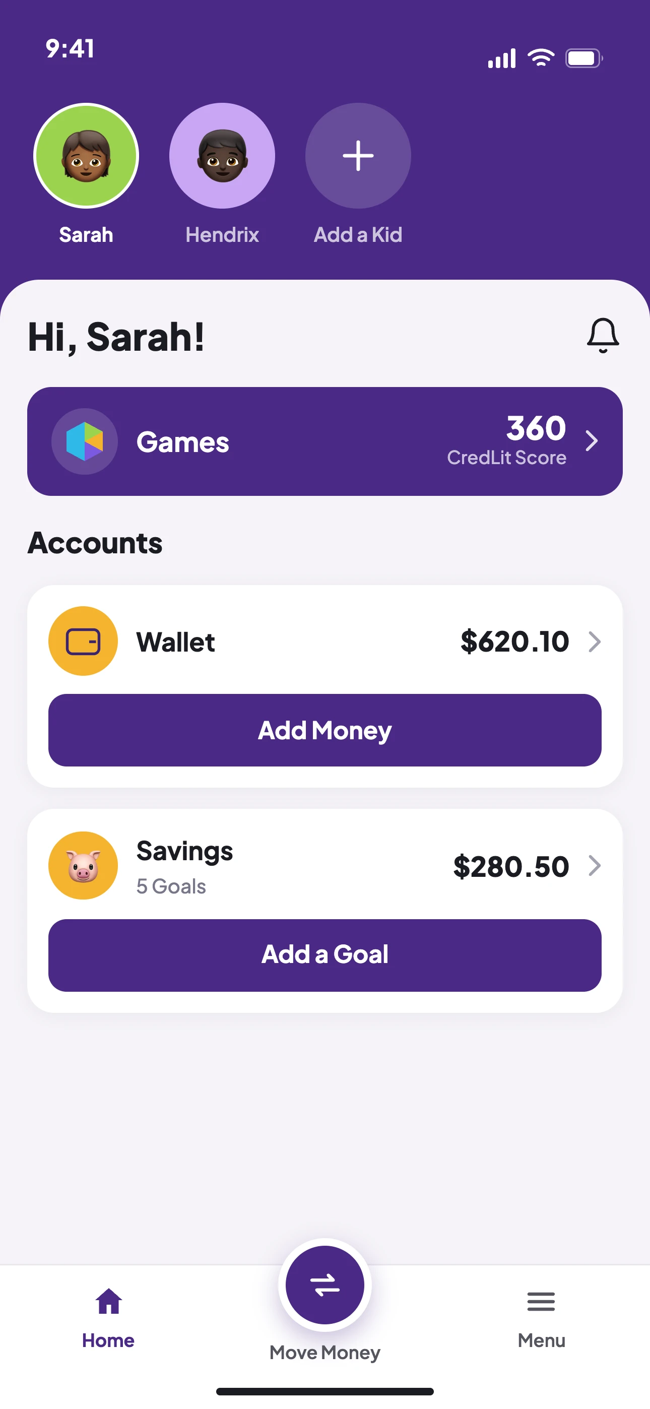 Goalsetter parent home with accounts