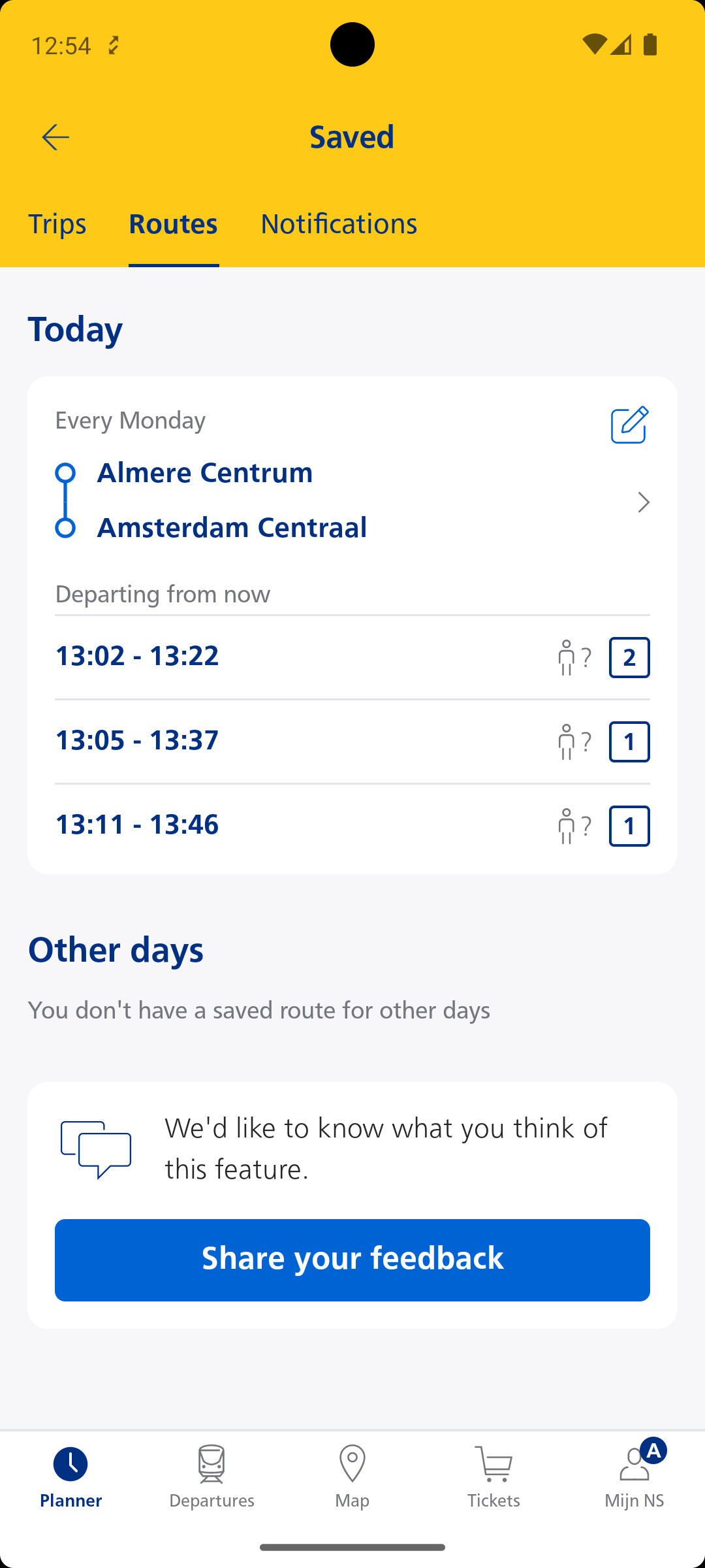 NS Planner saved routes